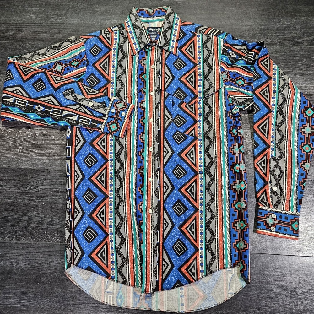 VTG Wrangler Western Brushpopper Shirt Men M Aztec Long Tails Cowboy Multicolor